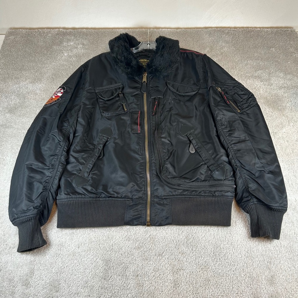 Alpha Industries Flight Injector Jacket Mens XL Black Faux Fur Collar Fart-Pac